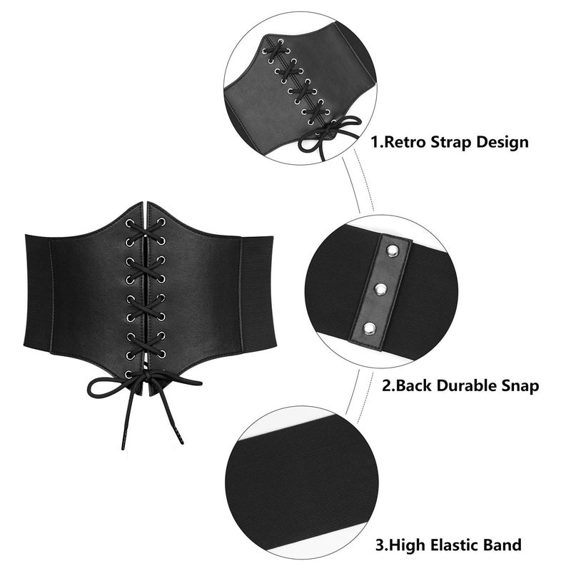 LEACOOLKEY Women Black Tied Waspie Belt, Lace-up Cinch Belt, Corset Elastic Waist Belt, Halloween Accessories - Image 3